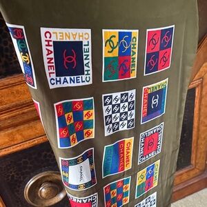 Chanel Olive Green Scarf with Multicolor Logos